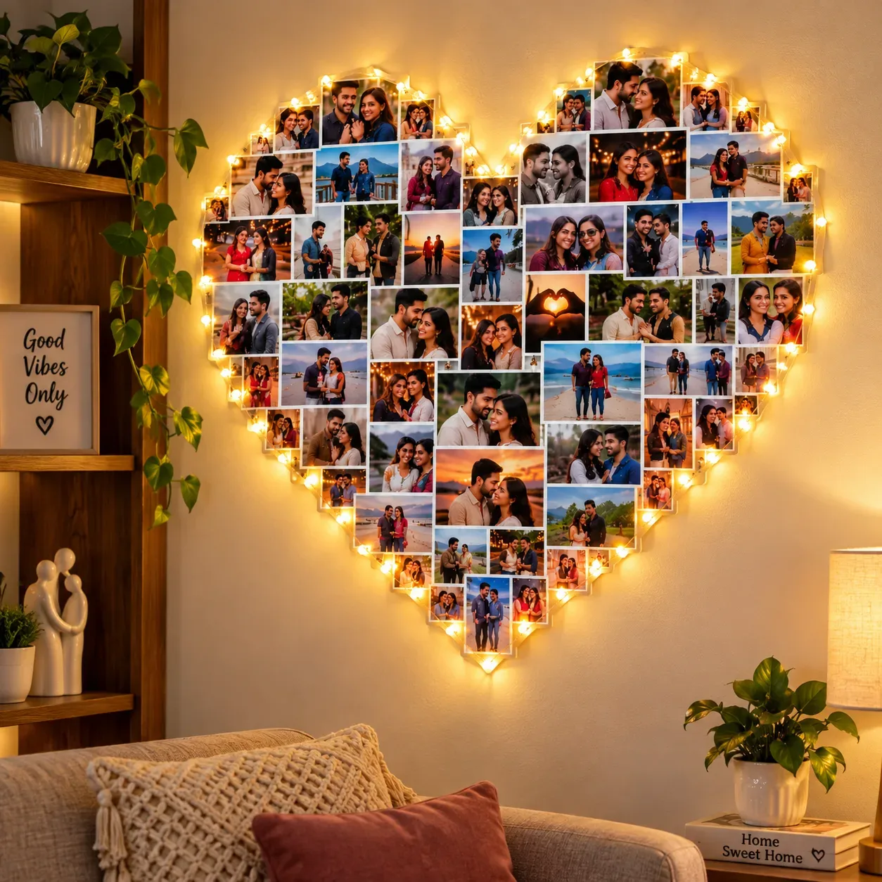 Personalized Photo Wall Decor 24×24 Inch | Custom LED Light Photo Collage Heart | Memory Wall Hanging Decoration