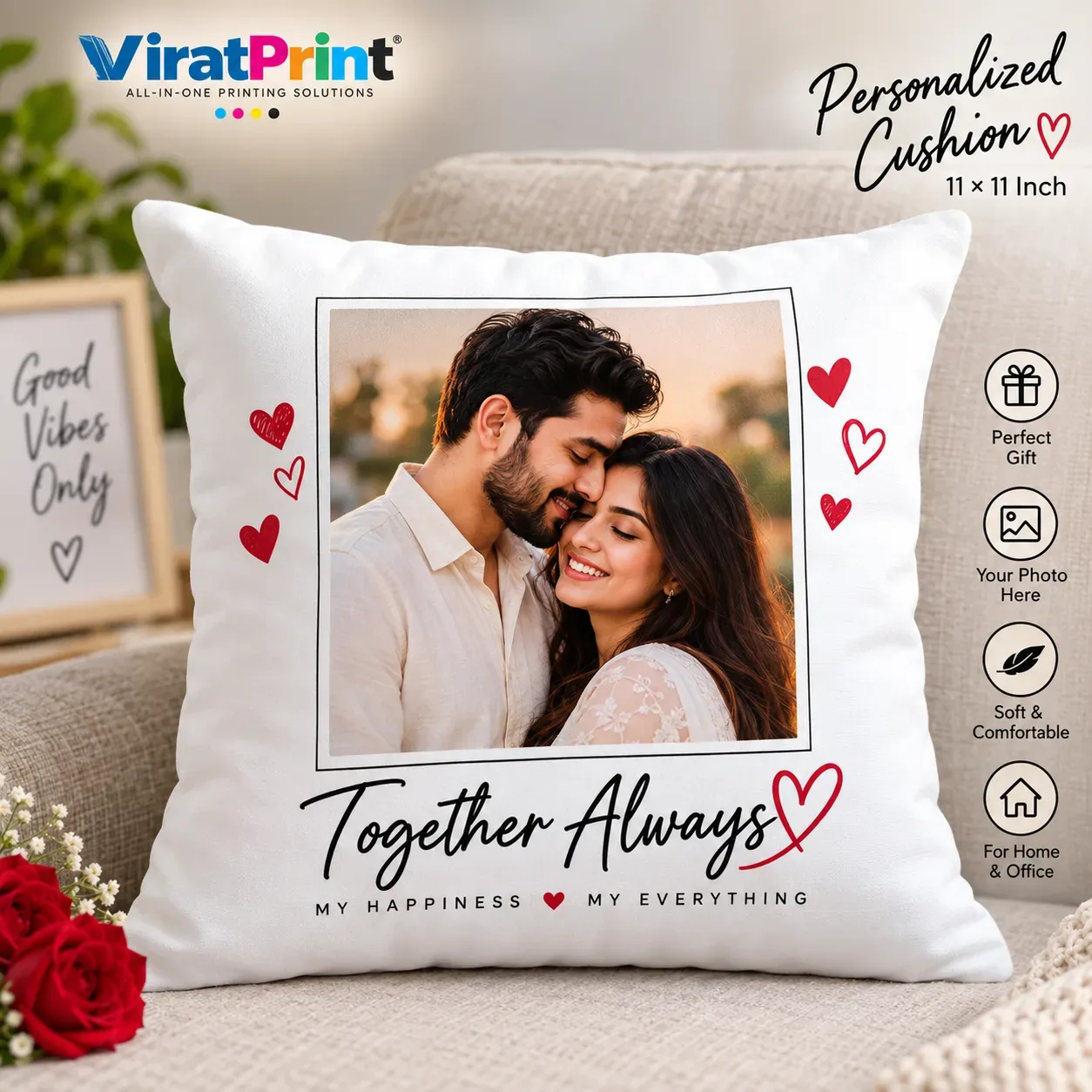 Personalized Photo Cushion 11×11 Inch | Custom Printed Cushion | Couple & Memory Gift for Home Decor