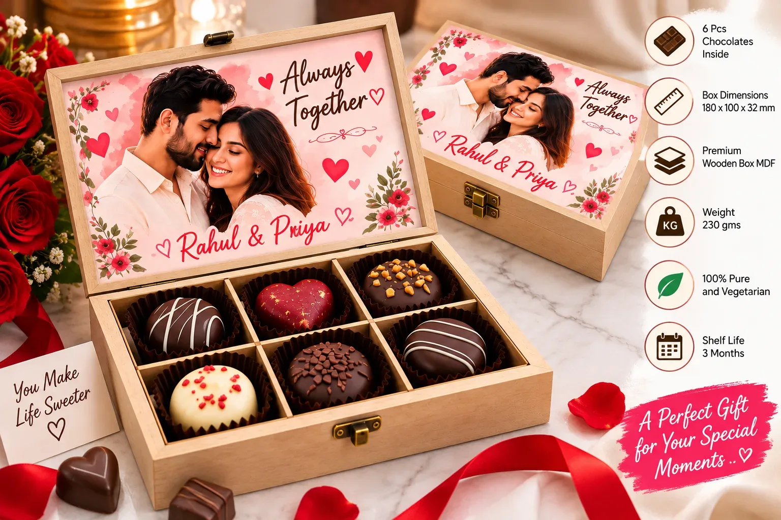 Personalized Chocolate Box 6 Pcs | Custom Photo & Name Wooden MDF Gift Box | Premium Chocolate Gift for Couples & Special Occasions